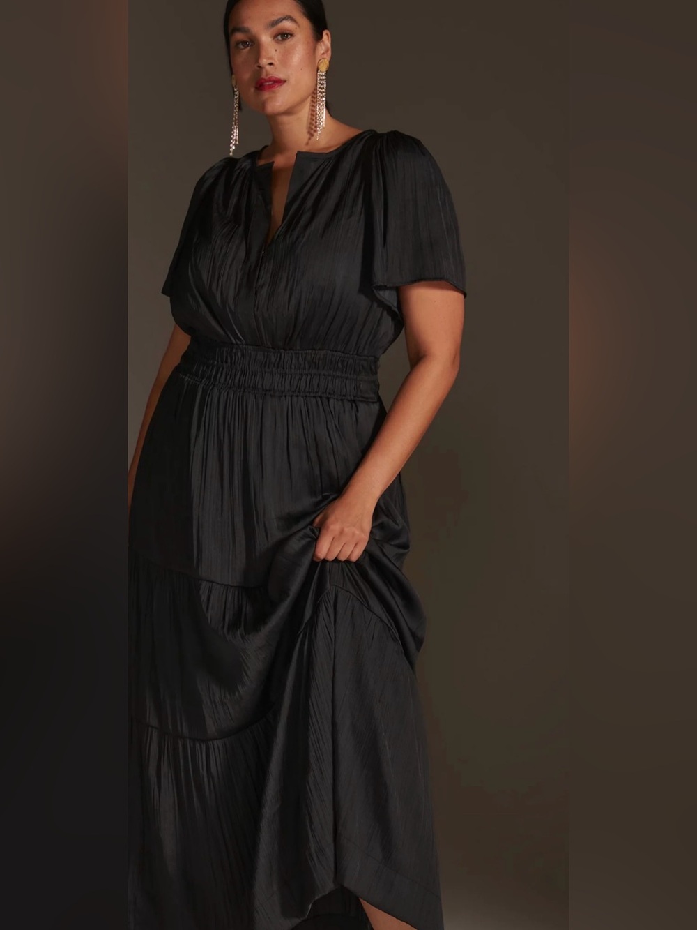 Anthropologie Somerset Maxi Dress Women's 2X Satin Tiered Plisse Black